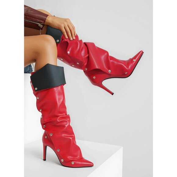 Women's Red Pu Detachable Snap Off Pointed Toe Shark Knee High Heels Boots - Picture 4 of 6